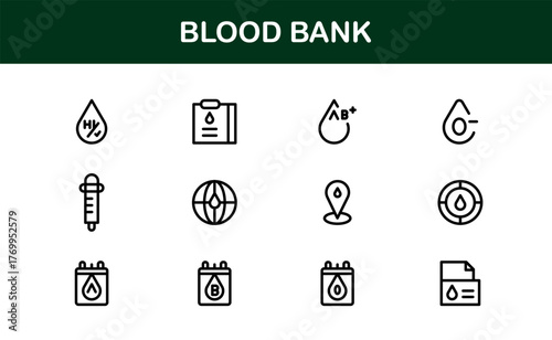 Blood Bank Icons – Professional Line Icon Set – Modern, Minimal Vector Collection for Medical Donation, Transfusion, and Healthcare Systems