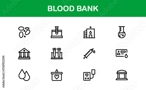 Blood Bank Icons – Professional Line Icon Set – Modern, Minimal Vector Collection for Medical Donation, Transfusion, and Healthcare Systems