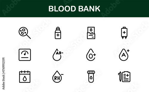 Blood Bank Icons – Professional Line Icon Set – Modern, Minimal Vector Collection for Medical Donation, Transfusion, and Healthcare Systems