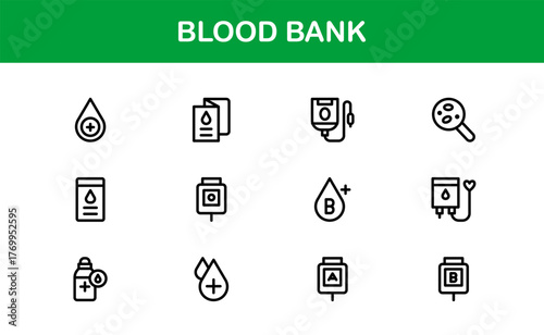Blood Bank Icons – Professional Line Icon Set – Modern, Minimal Vector Collection for Medical Donation, Transfusion, and Healthcare Systems