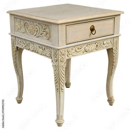 Antique french provincial style bedside table with carved details