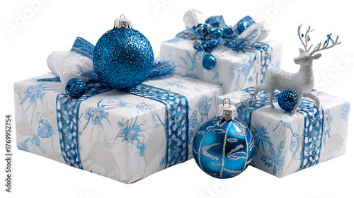 Festive christmas presents and ornaments isolated on transparent background.