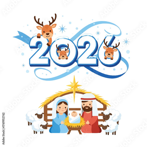 Christmas illustration depicting the year 2026 with reindeer faces and a nativity scene with Mary, Joseph, baby Jesus, and sheep.