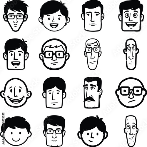 A collection of diverse male character faces and heads featuring various expressions in line art style
