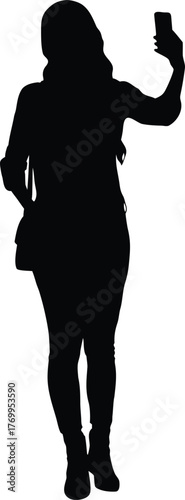 Black Silhouette of Woman Taking Selfie with Smartphone
