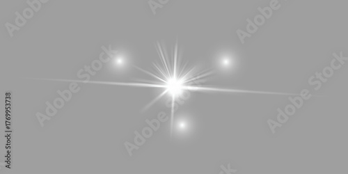 Yellow star flashed with sparkles sun isolated on white background. Soft glow without departing rays, sunlight with lens flare effect. PNG vector light effect.