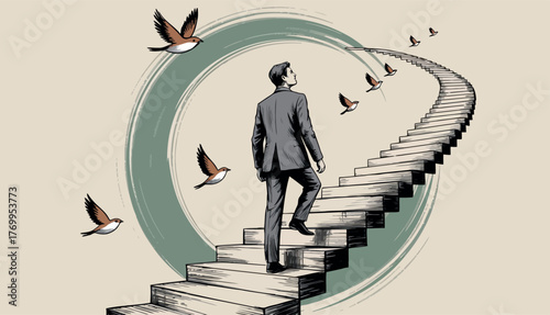 A lone man in a suit ascends a long, winding staircase that curves into the distance, with birds flying freely around him in a circular path.