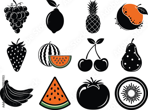 A diverse assortment of fresh fruit icons including grapes, pineapple, and watermelon with subtle highlights