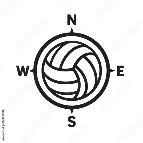 Black and white volleyball compass icon with cardinal directions sport game
