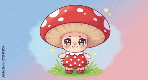 Whimsical Mushroom Character: An adorable illustrated mushroom character with big, expressive eyes and a charming smile, radiating cuteness and playfulness.