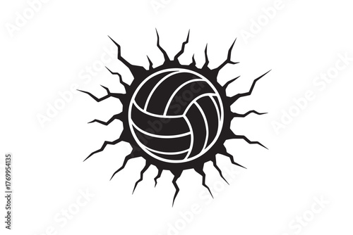 Black volleyball with spiky sun rays graphic on white background sport game