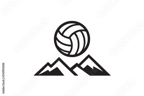 Black volleyball icon above jagged mountain peaks on white background sport game