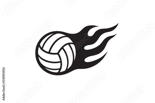 Black volleyball with stylized flames in motion on white background sport game
