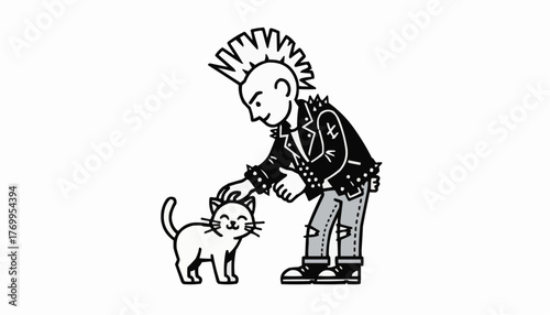 Rebellious punk rocker gently pets a cute cat, showing unexpected kindness and contrast