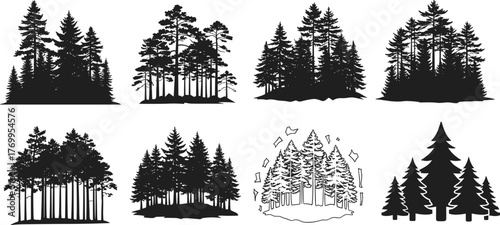 Black pine forest silhouettes vector illustration set, diverse woodland scenes, conifer tree outlines, natural landscape artwork, decorative nature collection, seasonal foliage design elements