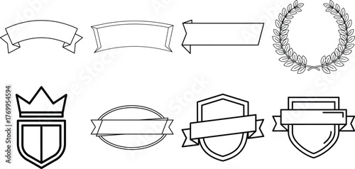 Assortment of classic outline banners ribbons crowns shields and a laurel wreath for insignia