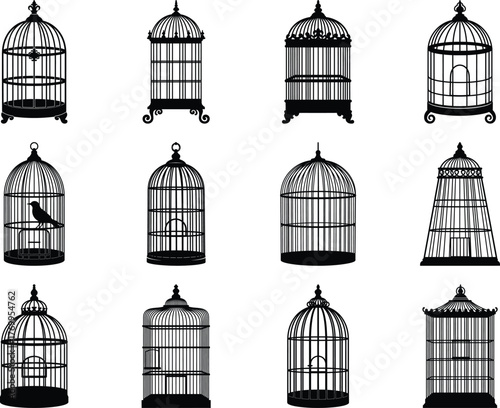 Assortment of decorative bird cage silhouettes in various shapes, including one holding a small bird for pet shop graphics