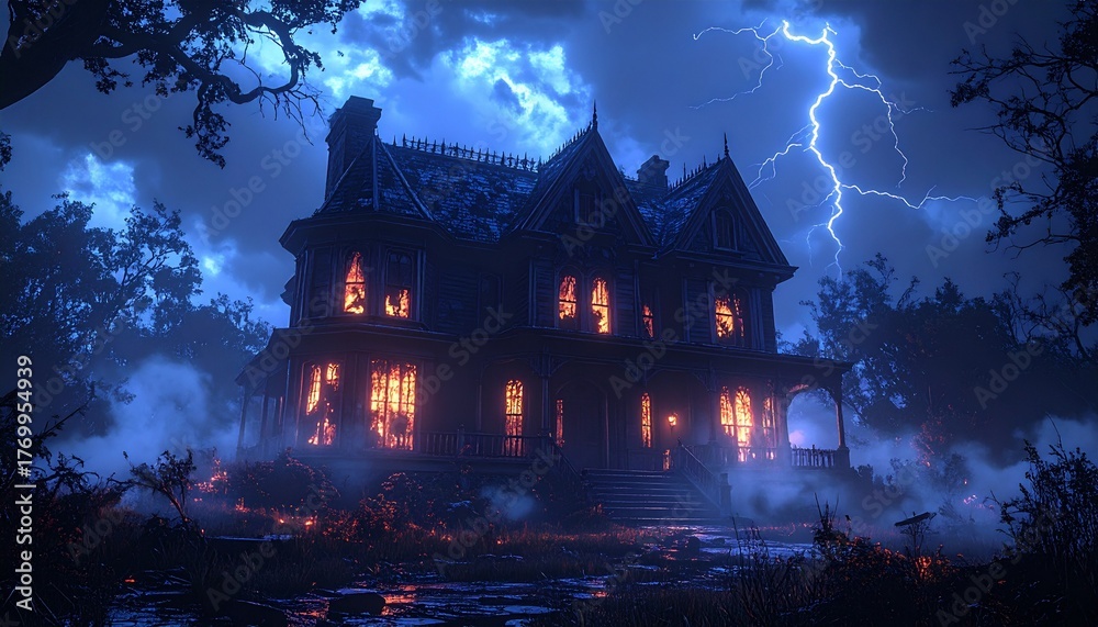 Obraz premium Panoramic shot of a haunted Victorian mansion at night broken windows flickering light