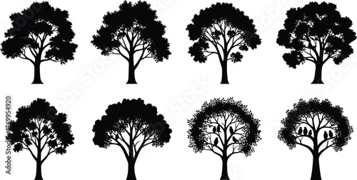 Black tree silhouettes vector illustration set, diverse forest outlines, seasonal foliage, isolated botanical elements, natural landscape artwork, decorative nature collection for creative projects