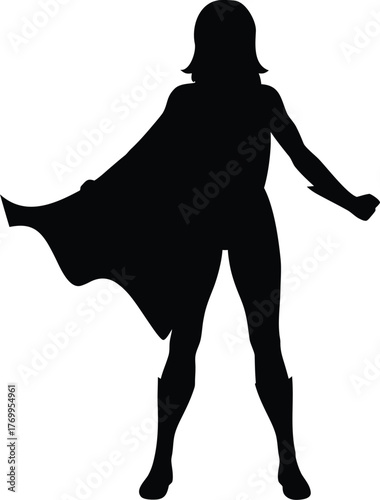 Female Superhero Silhouette with Flowing Cape Vector Graphic