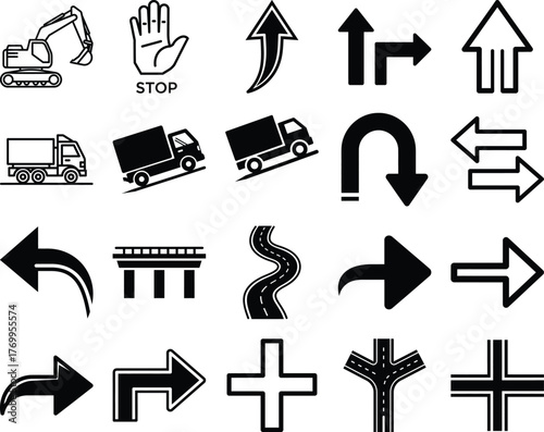 Collection of essential transportation and navigation icons including trucks, excavator, various arrows, and road elements