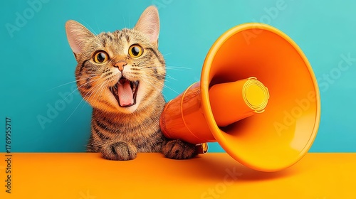 Tabby Cat Announcing News with Orange Megaphone on Turquoise Background Studio Shot Animal Communication