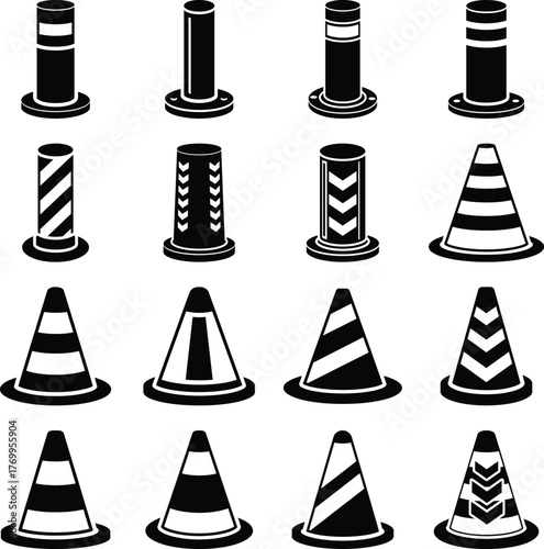 Collection of traffic safety bollards and road cones for construction zone warnings or parking guidance