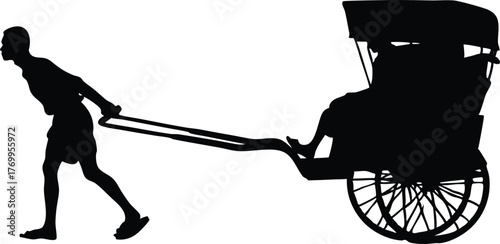 Silhouette of rickshaw puller carrying passenger, manual labor, traditional transport, and physical work illustration