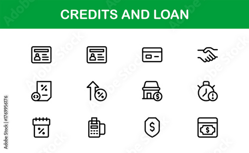 "Credits Loan Banking Finance Modern Line Icon Set – Professional Minimal Outline Vector Icons for Financial Services and Lending Solutions