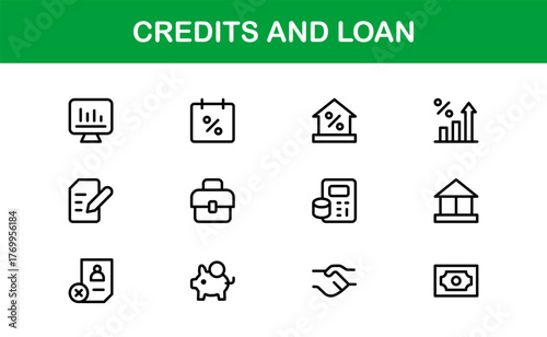 "Credits Loan Banking Finance Modern Line Icon Set – Professional Minimal Outline Vector Icons for Financial Services and Lending Solutions