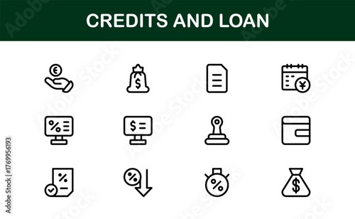 "Credits Loan Banking Finance Modern Line Icon Set – Professional Minimal Outline Vector Icons for Financial Services and Lending Solutions