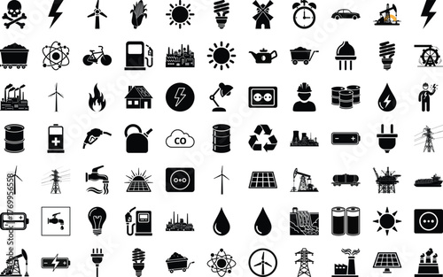 Comprehensive set of flat vector icons illustrating various energy sources, industrial processes, and environmental safety symbols