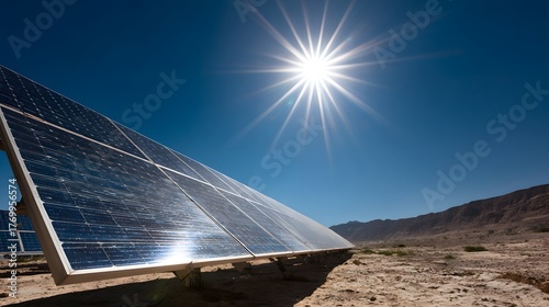Ground mounted photovoltaic panels capture intense sunlight in a arid, open environment