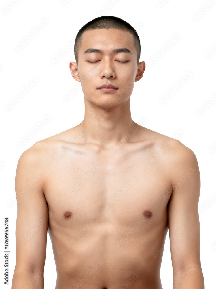 Fototapeta premium Young Asian Man Meditating with Eyes Closed, Isolated on White