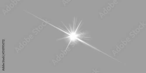 Yellow star flashed with sparkles sun isolated on white background. Soft glow without departing rays, sunlight with lens flare effect. PNG vector light effect.