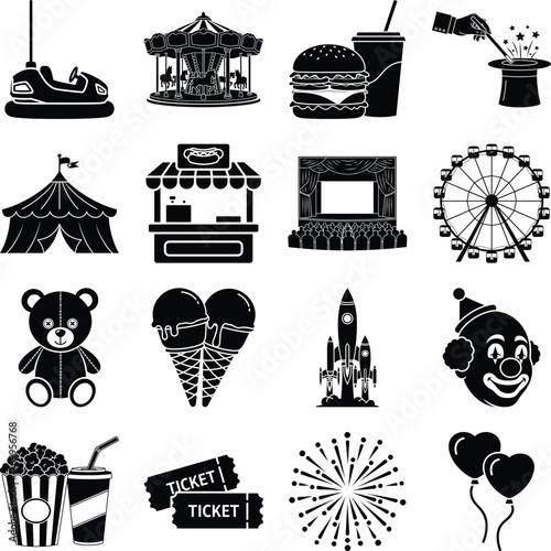 Diverse collection of amusement park elements including rides, food, and entertainment for carnival posters or event invitations