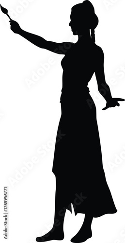 Silhouette of Woman Holding Paintbrush in Artistic Pose, Creative Female Painter Vector