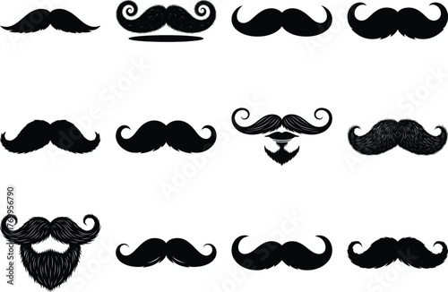 Diverse collection of mens mustache styles and facial hair silhouettes for barbershop and fashion themes