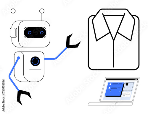 Robot with claw arms interacting with a shirt illustration and laptop screen. Ideal for retail automation, fashion technology, e-commerce, AI assistance, virtual shopping, user interface design