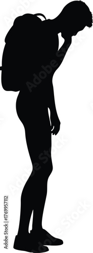 Silhouette of Tired Man with Backpack, Exhausted Traveler Side View Illustration