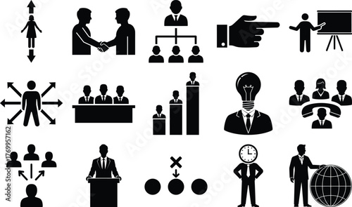 Diverse set of human silhouette symbols illustrating management, hierarchy, presentations, and decision making