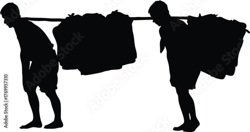 Silhouette of two workers carrying heavy loads on a pole, teamwork, manual labor, and strength vector illustration