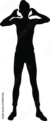 Silhouette of Woman Covering Ears in Defiance, Full Body Black Outline Symbolizing Ignorance or Protest