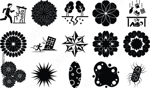 Diverse vector set depicting natural disasters decorative floral patterns and microscopic organisms
