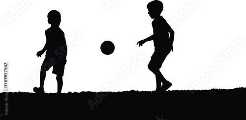 Silhouette of Two Kids Playing Soccer with a Ball on White Background