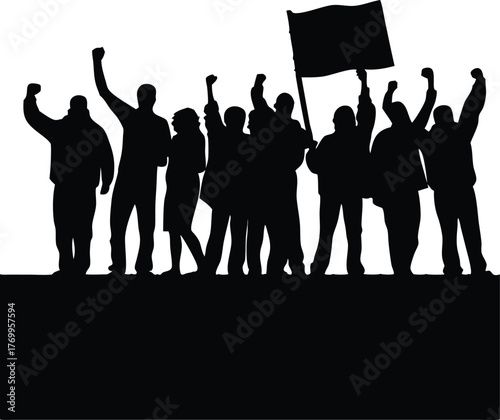 Silhouette of Protesters Holding Flag and Raising Fists, Activist Crowd Vector Illustration