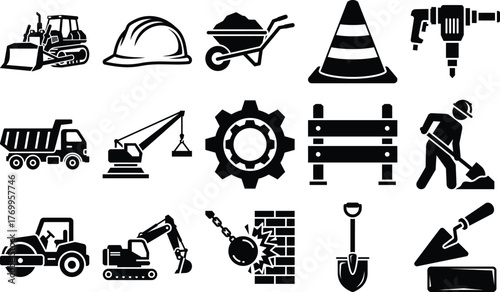 Essential tools and heavy machinery for construction work on building sites