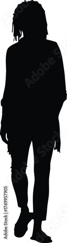 Stylized Silhouette of a Barefoot Figure with Dreadlocks and Distressed Clothing Vector