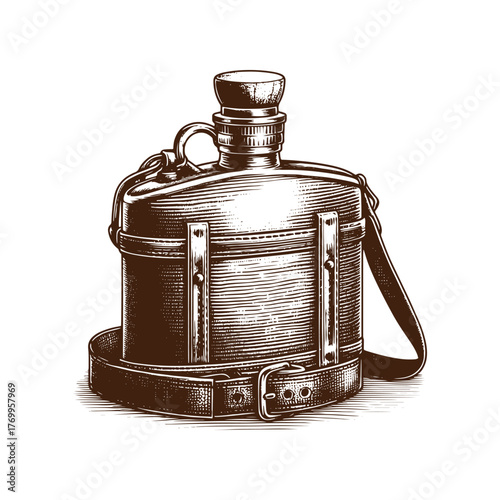 Vintage Military Style Canteen: Classic Engraved Illustration