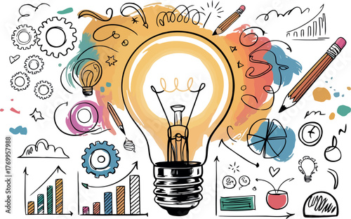 This vibrant illustration bursts with creative energy, centered around a glowing lightbulb illuminating a multitude of hand-drawn icons like gears, charts, pencils, and thought bubbles.